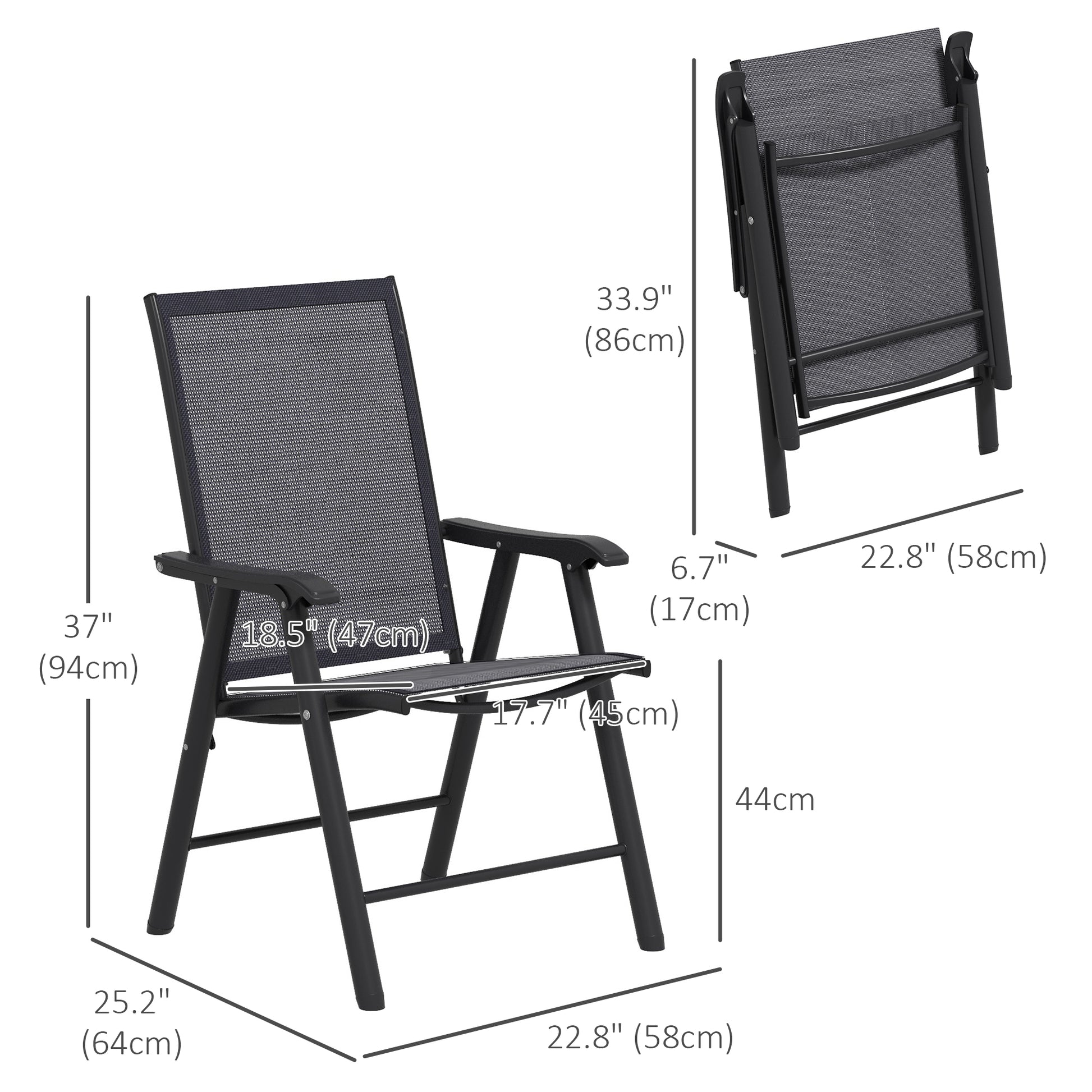 2-Piece Folding Chair Set for Relaxing on Patio Balcony Garden, Comfortable Outdoor Furniture with Armrests, Dark Grey