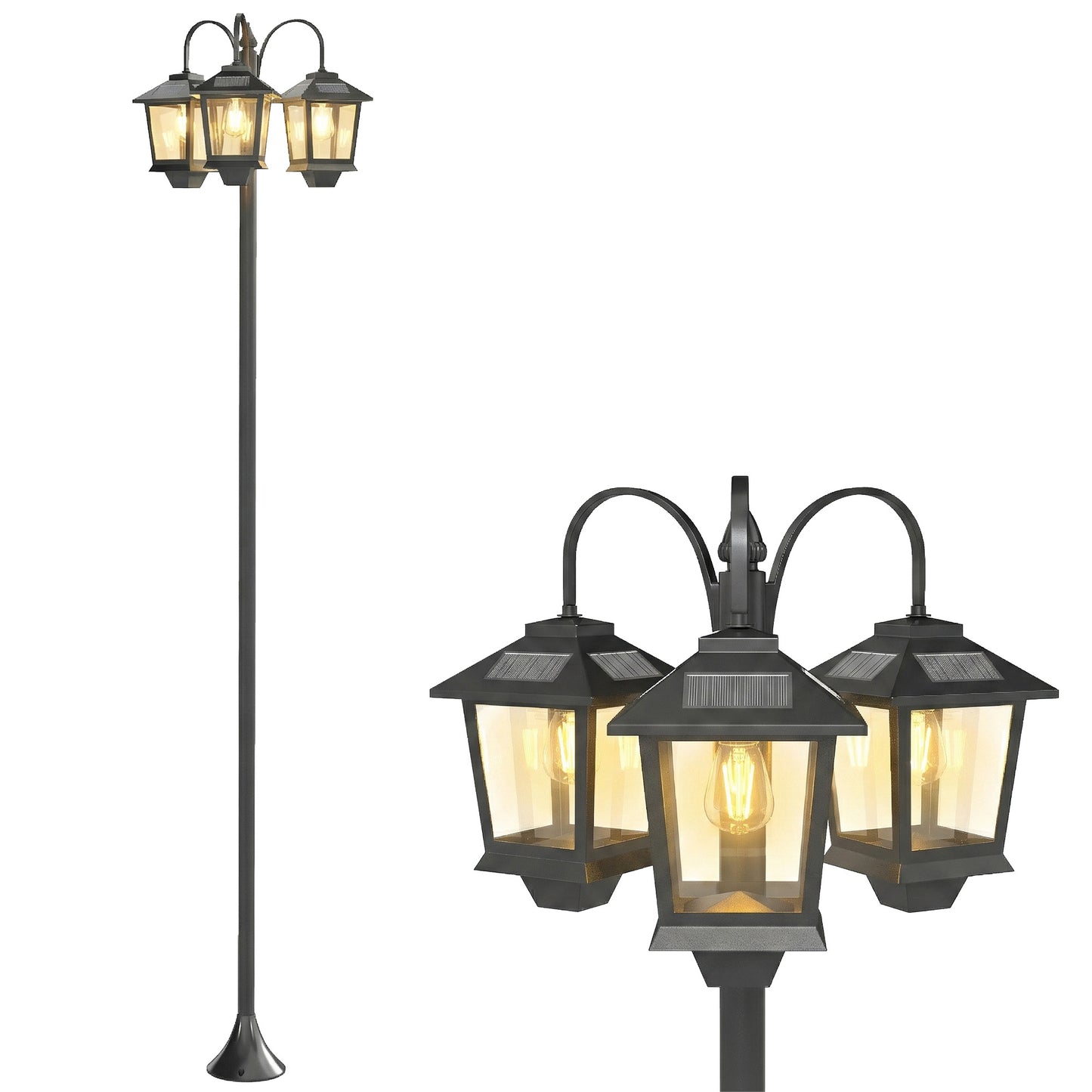 74" 3-Head Solar Lamp Post Light, Waterproof LED Solar Light Posts with Automatic Dusk-to-Dawn Sensor, IP44 Waterproof