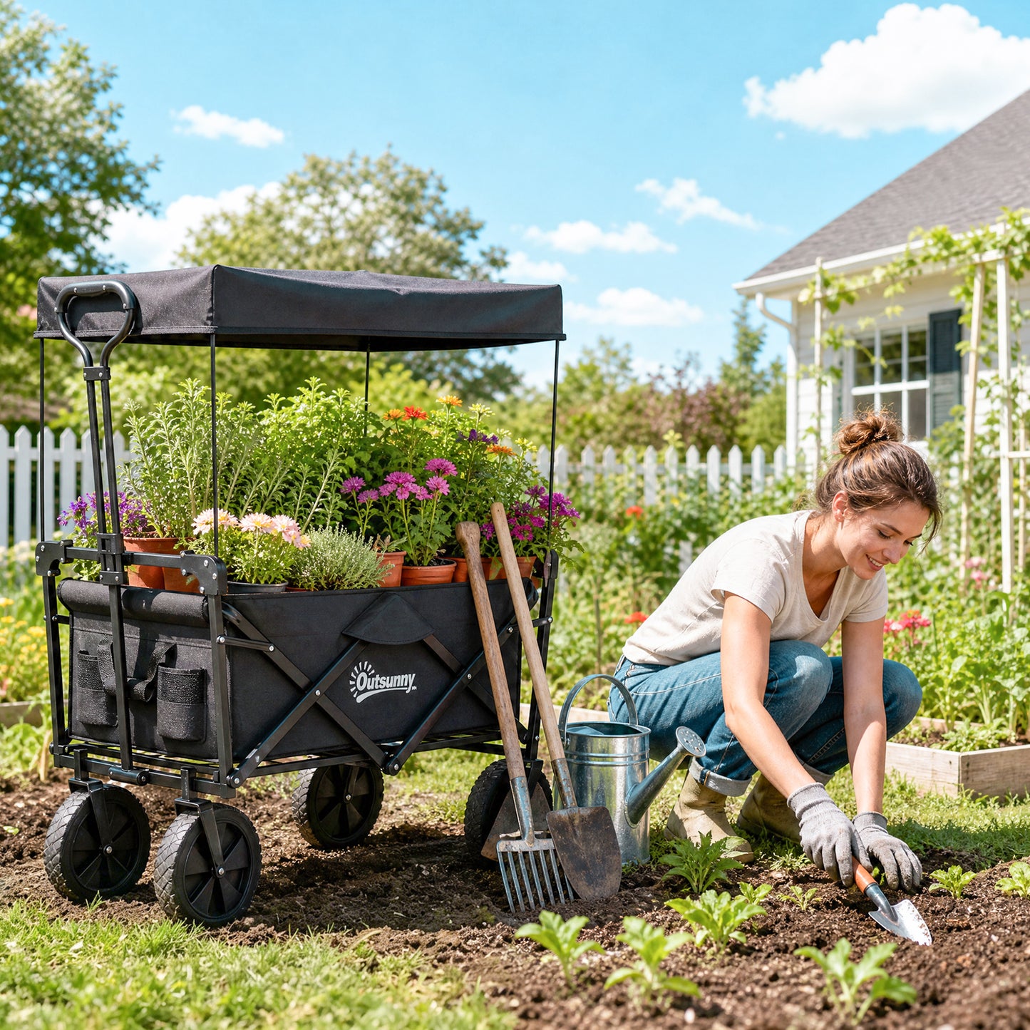 Steel Frame Folding Garden Cart, Collapsible Wagon Cart with Removable Canopy, Telescopic Handle and Carrying Bag