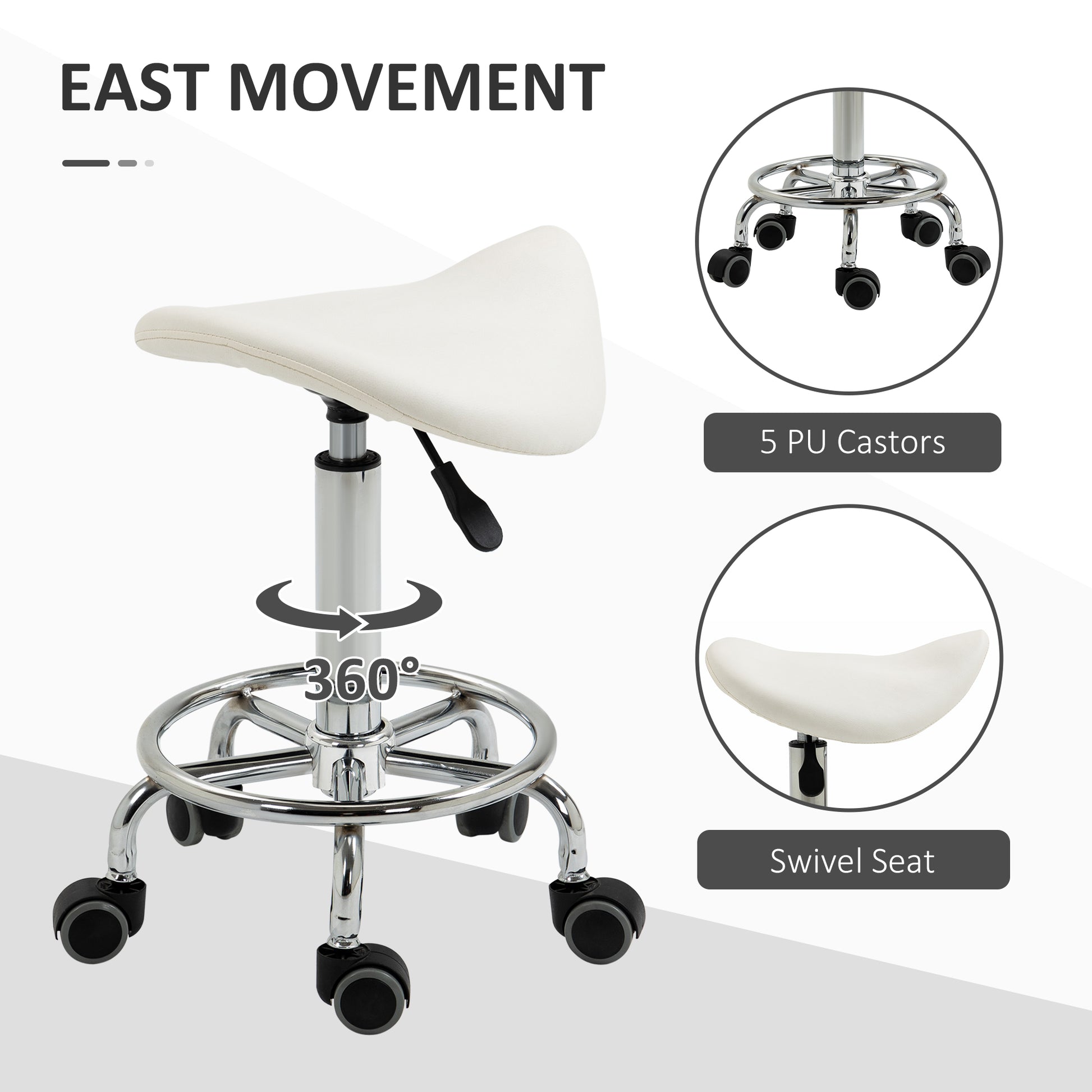 Saddle Stool, PU Leather Adjustable Rolling Salon Chair for Massage, Spa, Clinic, Beauty and Tattoo, White