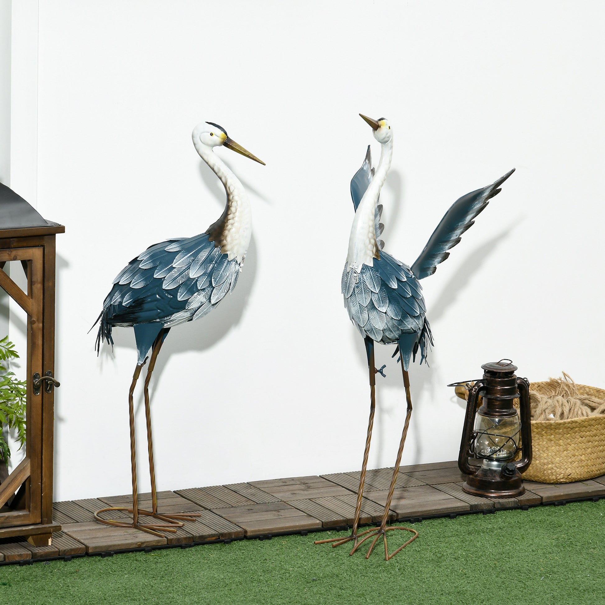 Set of 2 Garden Sculptures, Heron Garden Statues for Lawn, Patio, Backyard Decoration, 29" & 27.5", Blue