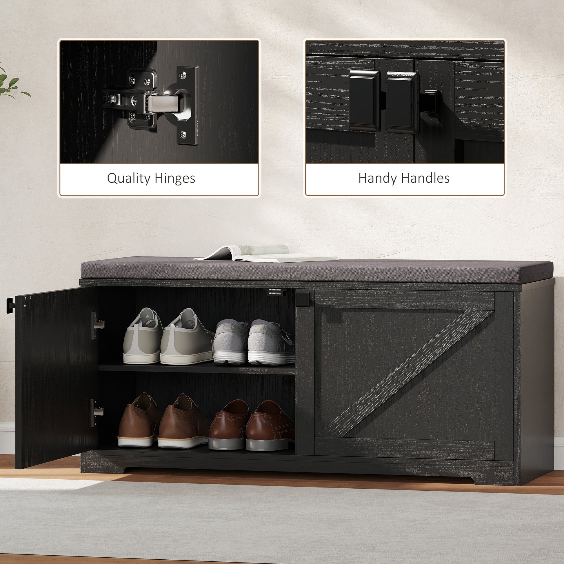 Shoe Storage Bench with Padded Seat, Entryway Bench Holds up to 352 lb, Shoe Organizer, 8 Pairs, Black Wood Grain