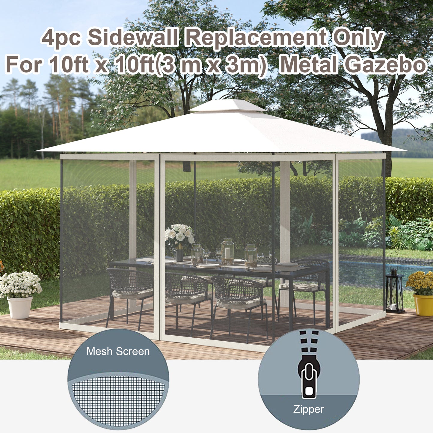Replacement Mosquito Netting for Gazebo 10' x 10' Black Screen Walls for Canopy with Zippers, White