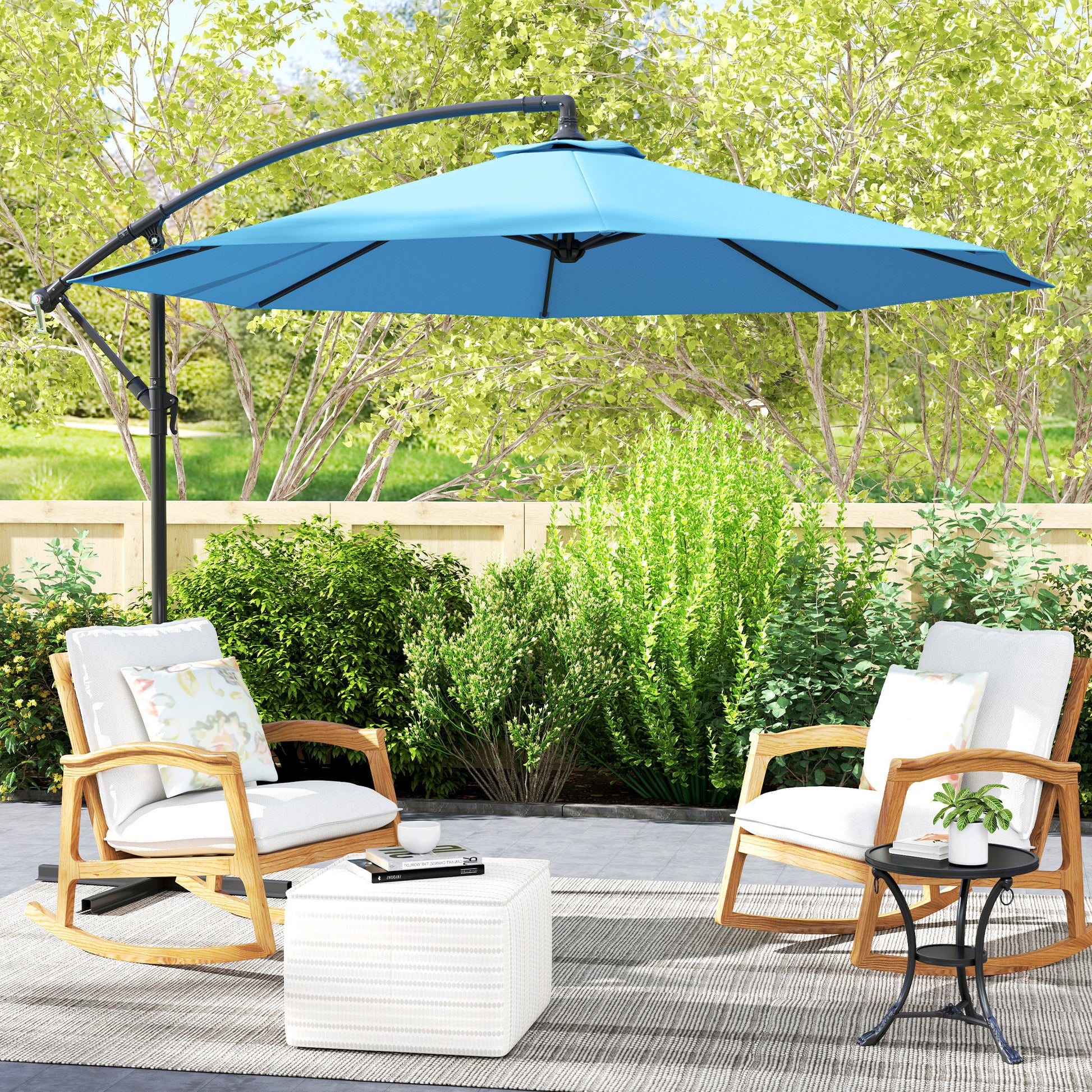 10' Deluxe Patio Umbrella, Outdoor Market Parasol, Banana Hanging Offset Sunshade with Crank, Cross Base, Blue