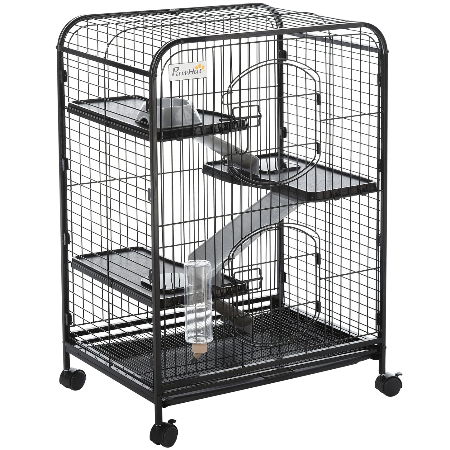 37"H Ferret Cage, 4-Tier Rolling Rabbit Ferret Chinchilla Squirrel Cage with Removable Tray, Platform, Ramp, Food Dish, Water Bottle, 24" x 17" x 37"