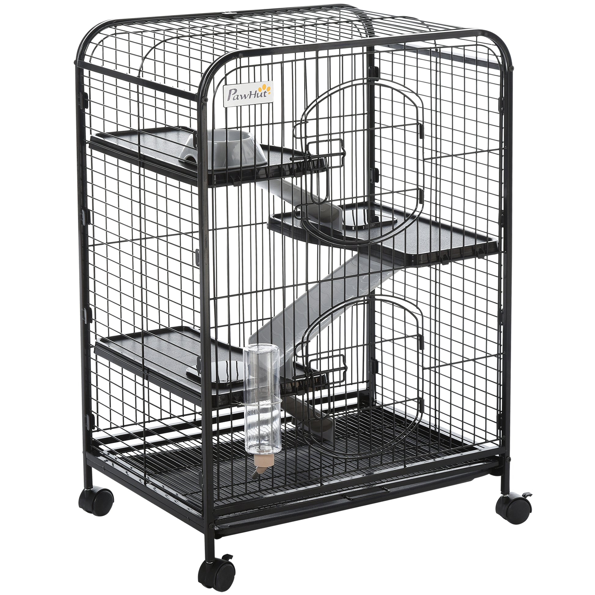 37"H Ferret Cage, 4-Tier Rolling Rabbit Ferret Chinchilla Squirrel Cage with Removable Tray, Platform, Ramp, Food Dish, Water Bottle, 24" x 17" x 37"