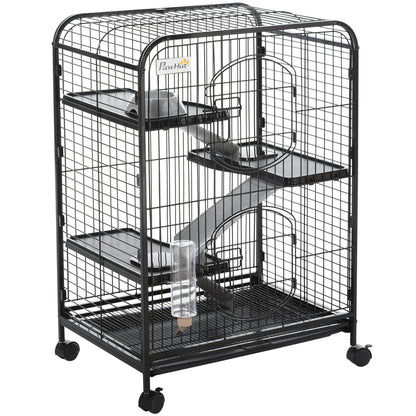 37"H Ferret Cage, 4-Tier Rolling Rabbit Ferret Chinchilla Squirrel Cage with Removable Tray, Platform, Ramp, Food Dish, Water Bottle, 24" x 17" x 37"