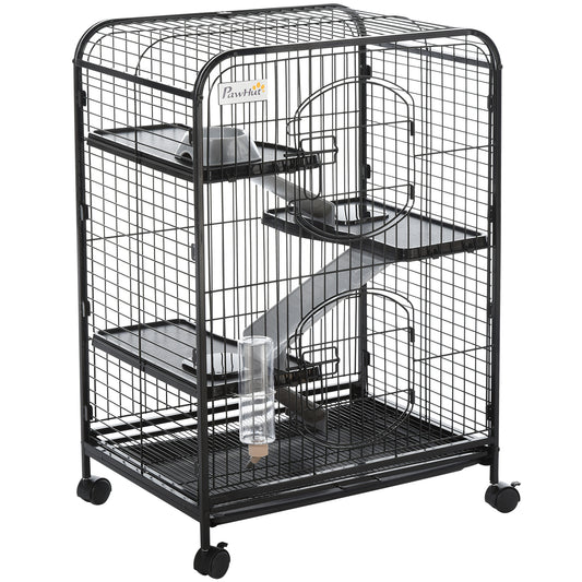 37"H Ferret Cage, 4-Tier Rolling Rabbit Ferret Chinchilla Squirrel Cage with Removable Tray, Platform, Ramp, Food Dish, Water Bottle, 24" x 17" x 37"