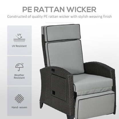 Wicker Recliner Chair with Adjustable Backrest and Footrest, Washable Cushion, Side Tray, Light Grey
