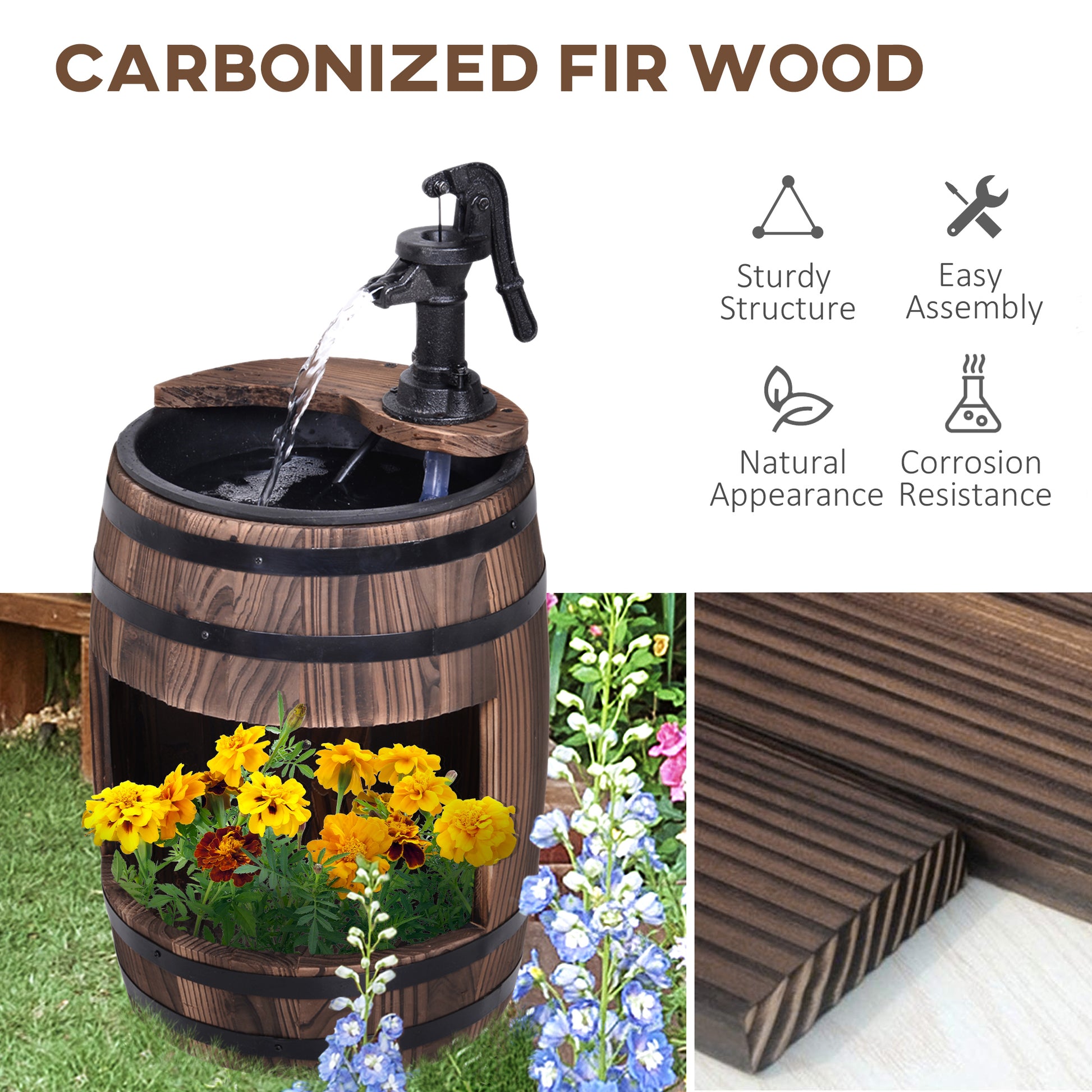 Wooden Outdoor Fountain, Electrical Barrel Waterfall with 3600r/min Speed Pump for Patio, Backyard, Carbonized