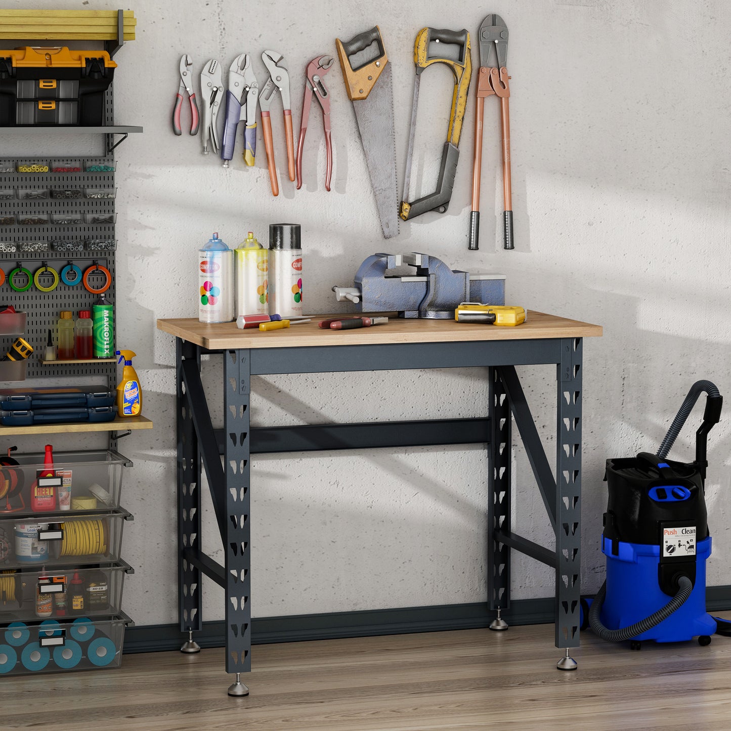 45" Workbench, Solid Wood Tabletop Workstation, Work Table with Four Adjustable Foot Pads, Weight Capacity 1100 Lbs