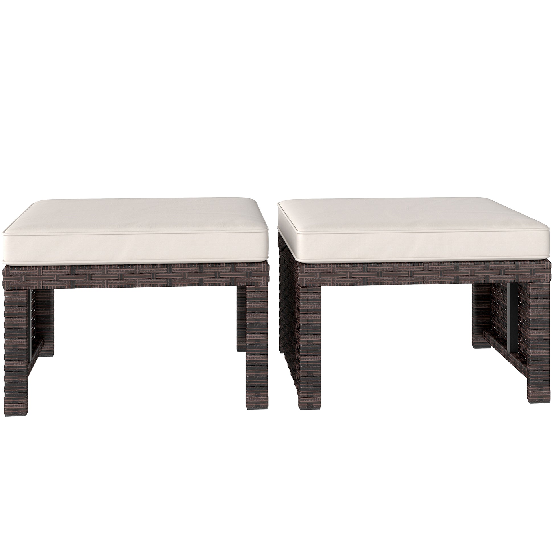 2 Pieces Wicker Outdoor Ottomans with Removable Cushions, Rattan Outdoor Seating, Footrest and Side Table, Khaki