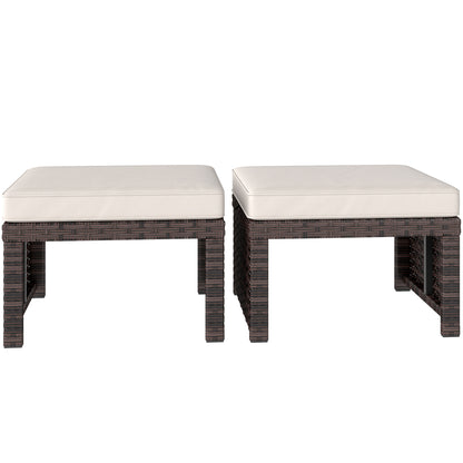 2 Pieces Wicker Outdoor Ottomans with Removable Cushions, Rattan Outdoor Seating, Footrest and Side Table, Khaki