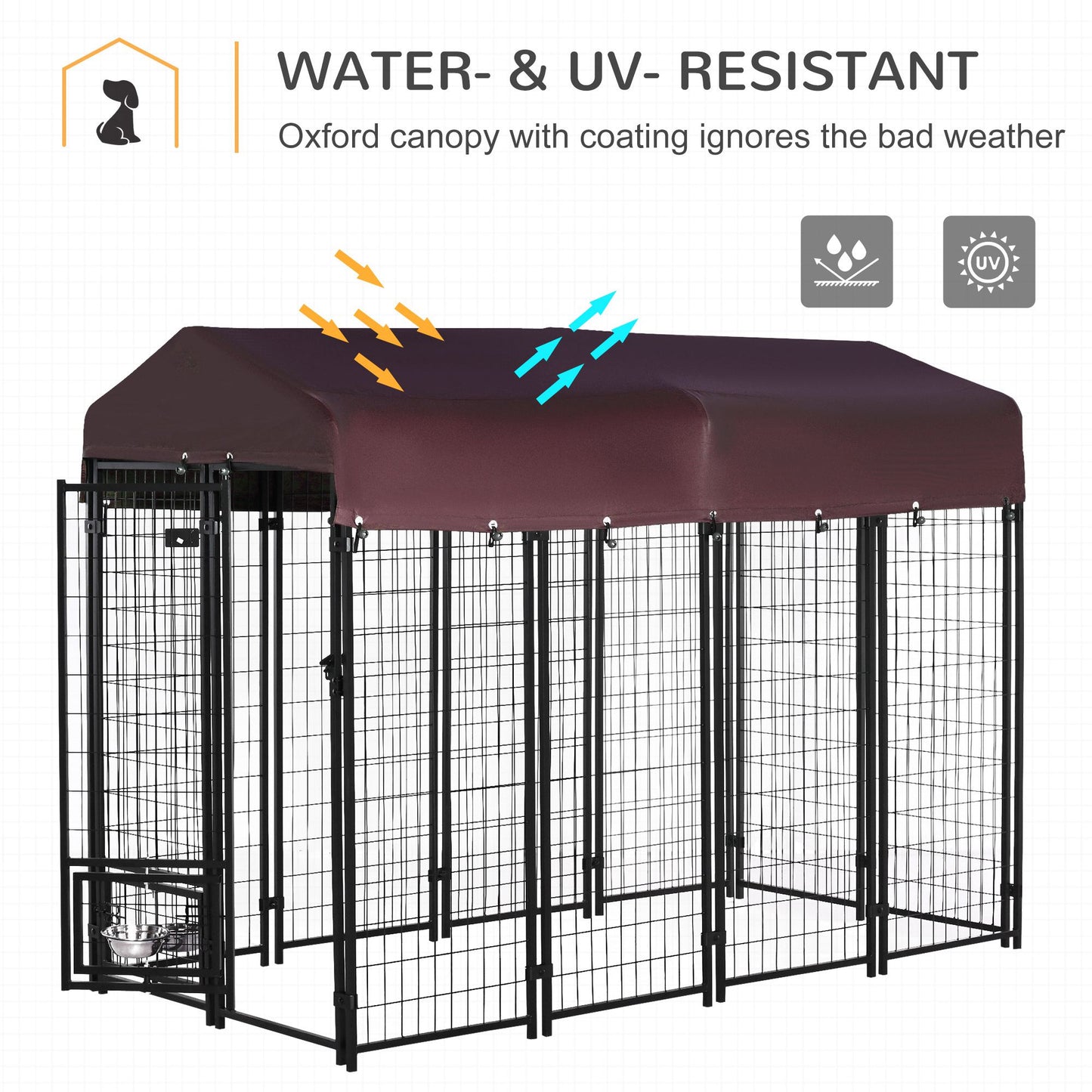 Outdoor Dog Kennel, Lockable Pet Playpen Crate, Welded Wire Steel Fence, Rotating Bowl Holders, Red