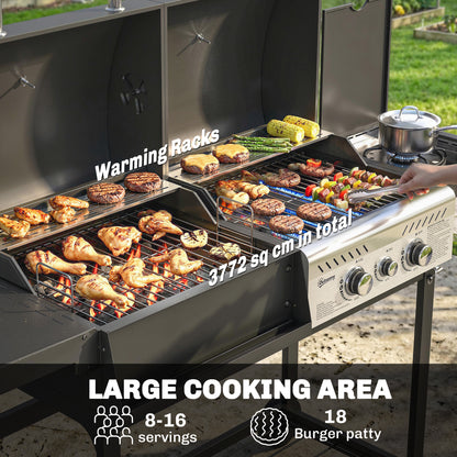 Dual Fuel BBQ Grill, Charcoal and 2+1 Gas Burner Barbecue Grill with Wheels, Warming Rack, Black