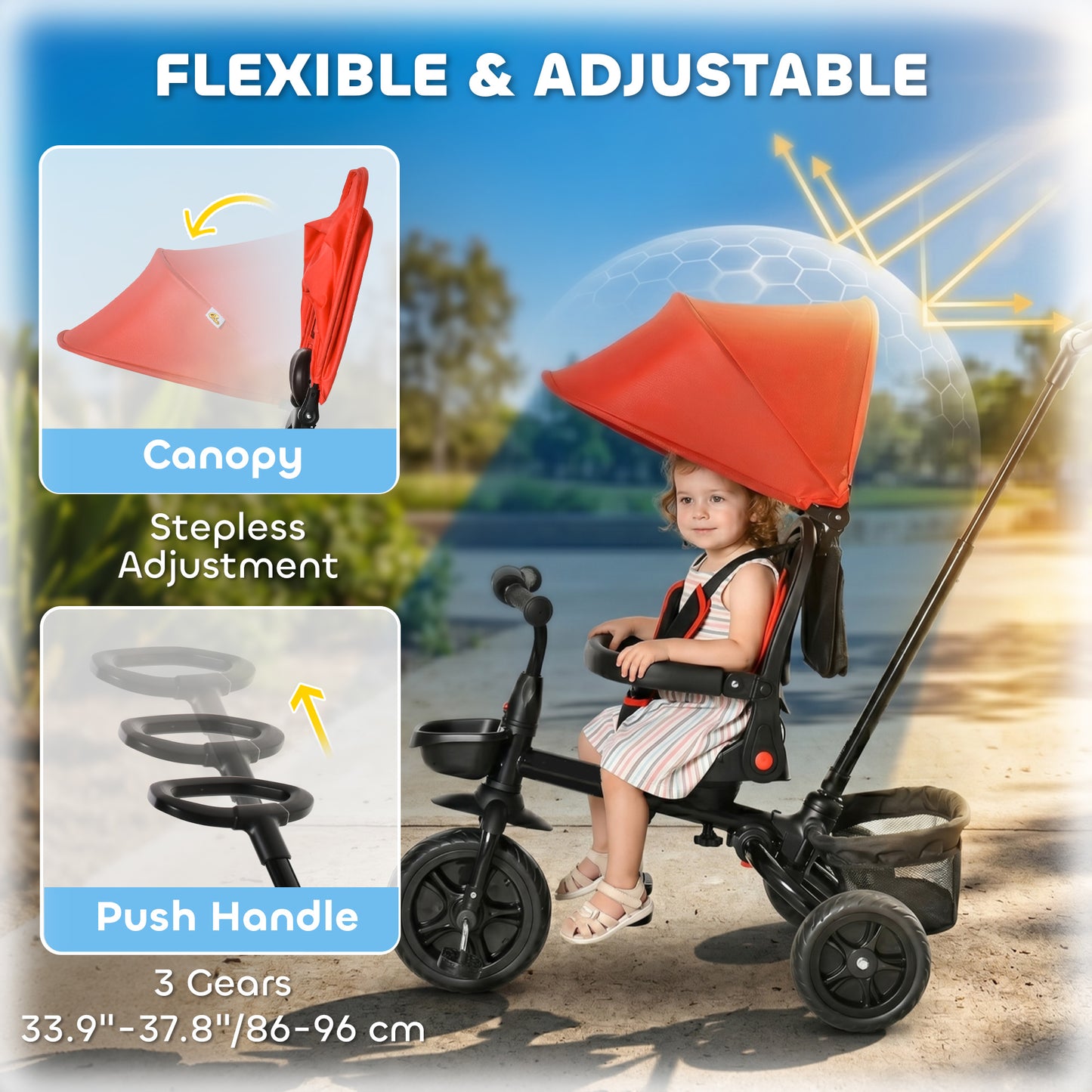 Qaba Tricycle for Toddler 4 in 1 Kids Trike, Foldable Converts Stroller to Toddler Bike, Adjustable Backrest & Curved Canopy, Detachable Guardrail & Handle for 1-5 Years Old, Red