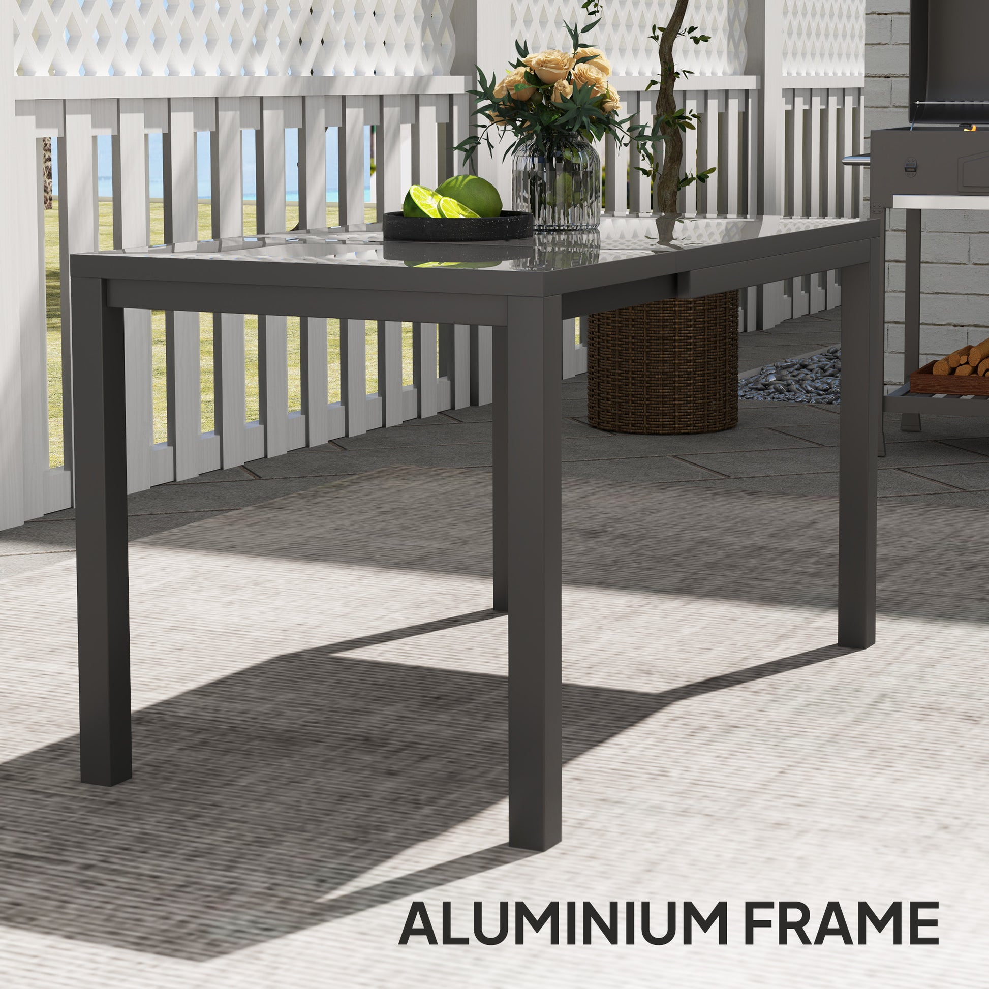 Extendable Patio Dining Table, 33.5"-49.2" Adjustable Outdoor Dining Table for 4-6 Person, with Tempered Glass Top, Metal Frame, for Lawn, Garden, Dark Grey