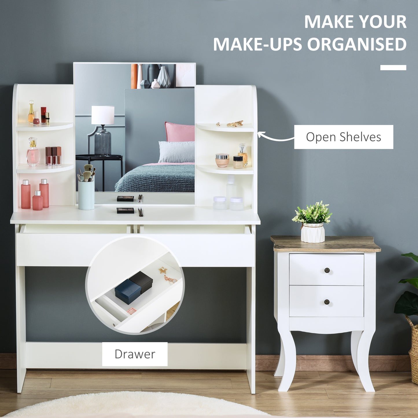 Vanity Desk with Mirror, Makeup Vanity with Open Shelves and Drawer, Dressing Table for Bedroom, White