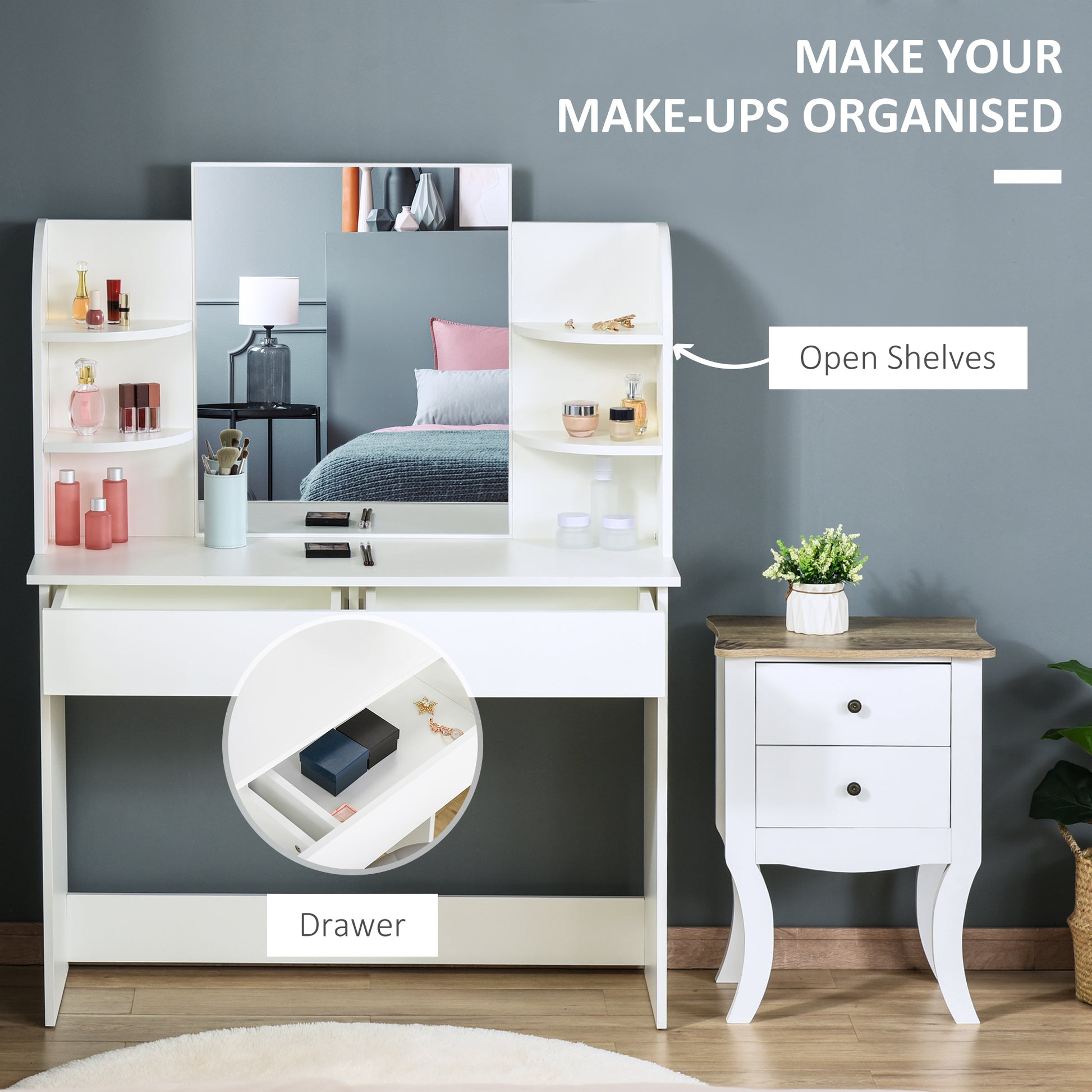 Vanity Desk with Mirror, Makeup Vanity with Open Shelves and Drawer, Dressing Table for Bedroom, White