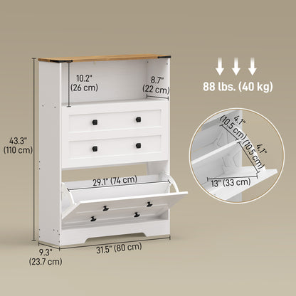 Shoe Cabinet with 2 Flip Drawers, Narrow Shoe Storage Cabinet, White
