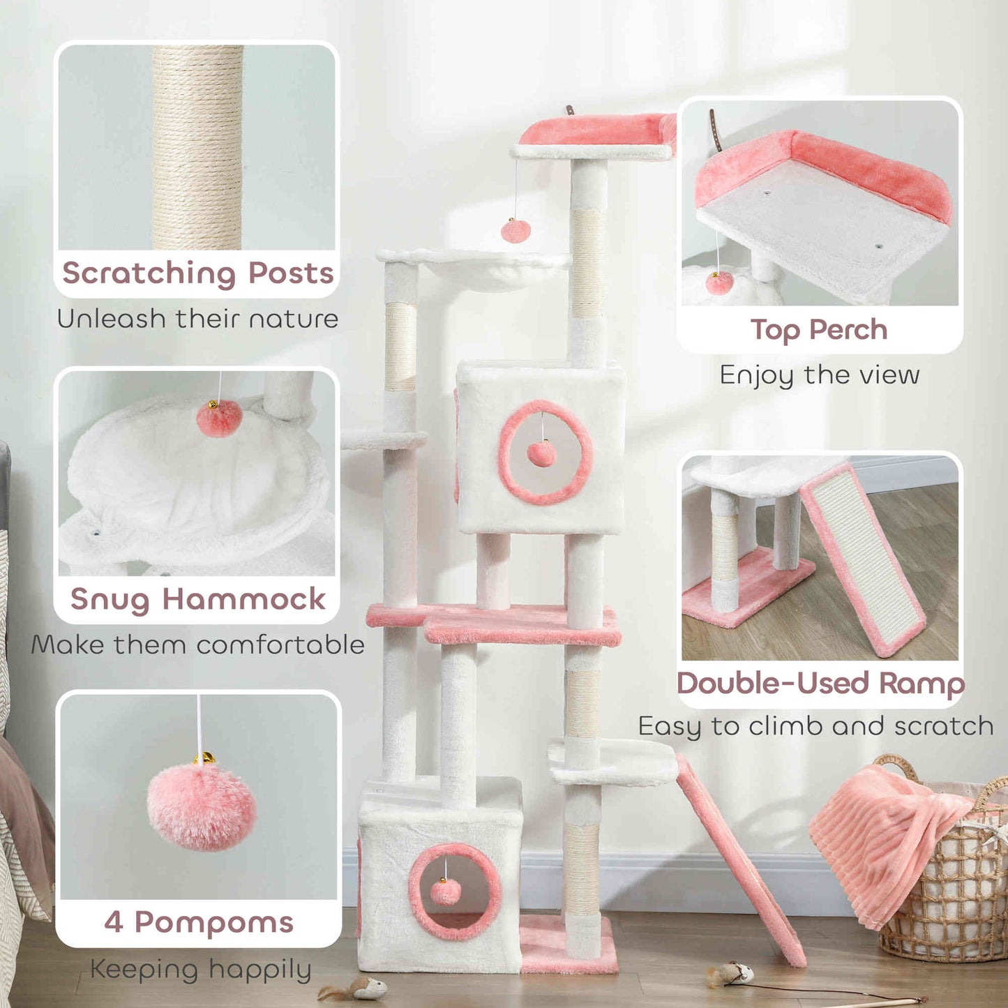 65 Inch Cat Tree with 2 Doors Condos, Plush Top Perch, Hammock, Sisal Scratching Posts, 4 Pompoms, Ramp, White