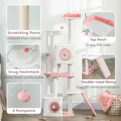65 Inch Cat Tree with 2 Doors Condos, Plush Top Perch, Hammock, Sisal Scratching Posts, 4 Pompoms, Ramp, White