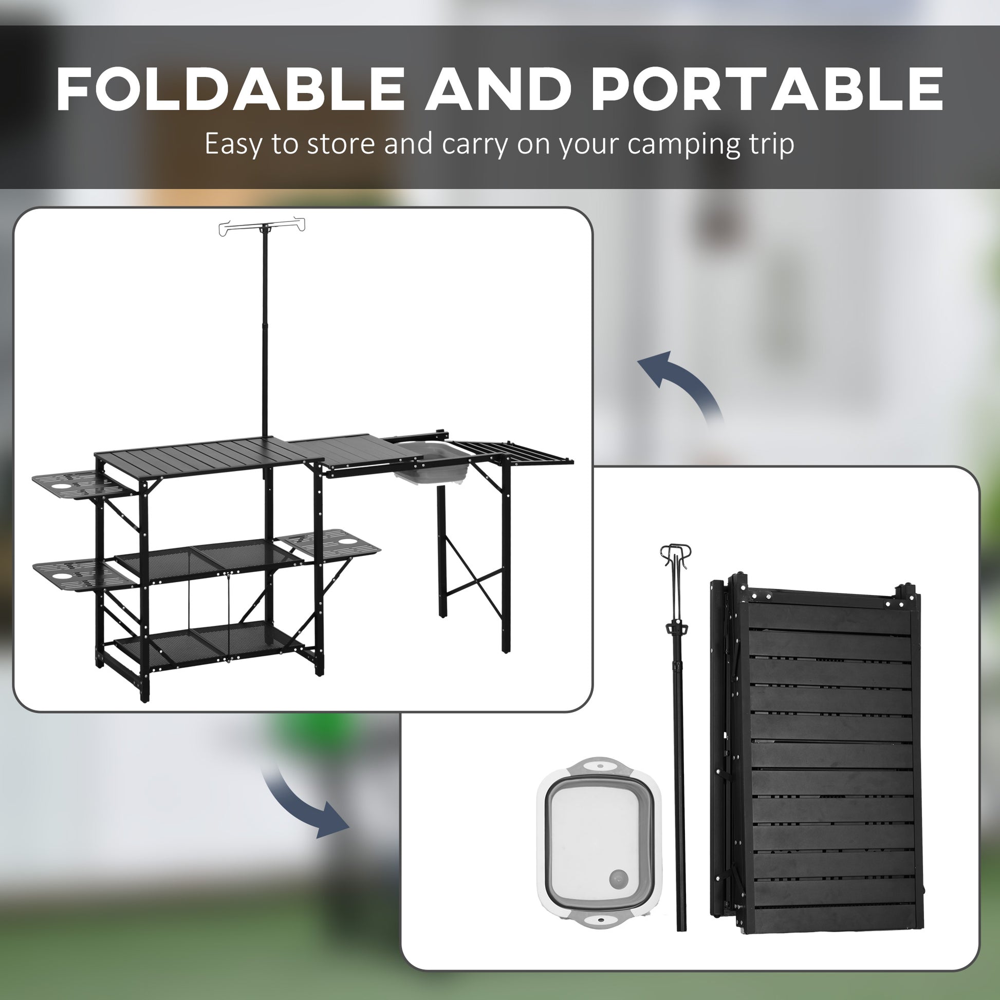 Folding Camping Kitchen, Portable Aluminum Cook Station with Carrying Bag, 3 Side Tables, 2 Shelves for BBQ, Black