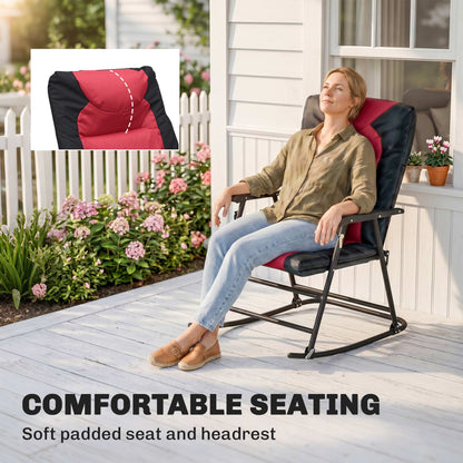 3pc Patio Foldable Rocking Chair Set, Outdoor Rocking Chairs and Table Bistro Set w/ Padded Seat, Headrest, Backrest for park, backyard, garden, Red