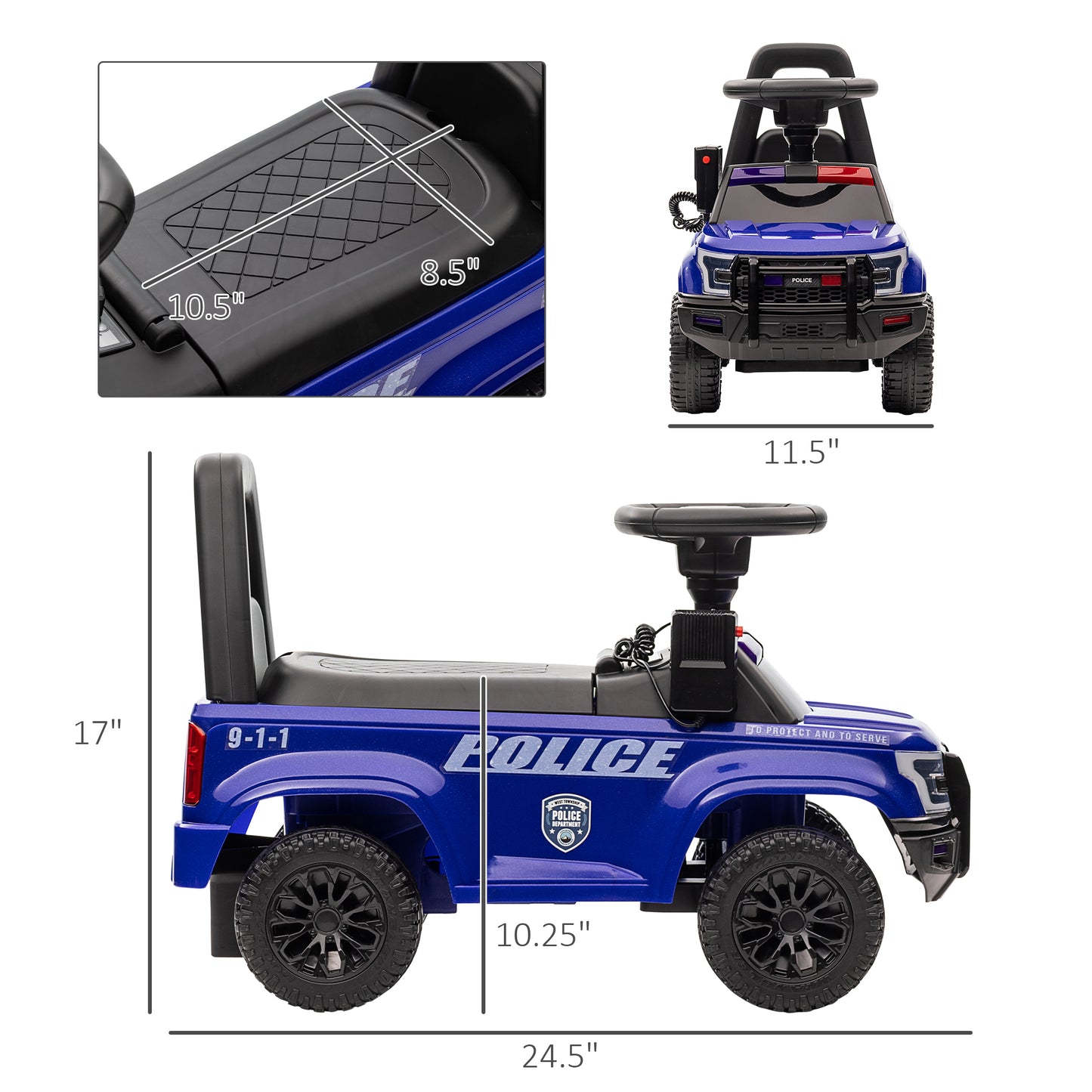 Aosom Kids Ride On Sliding Car with Hidden Under Seat Storage, Ride On Police Car for Toddler with Megaphone, Anti Dumping Device, Removable Backrest, Foot-to-Floor Design, Blue