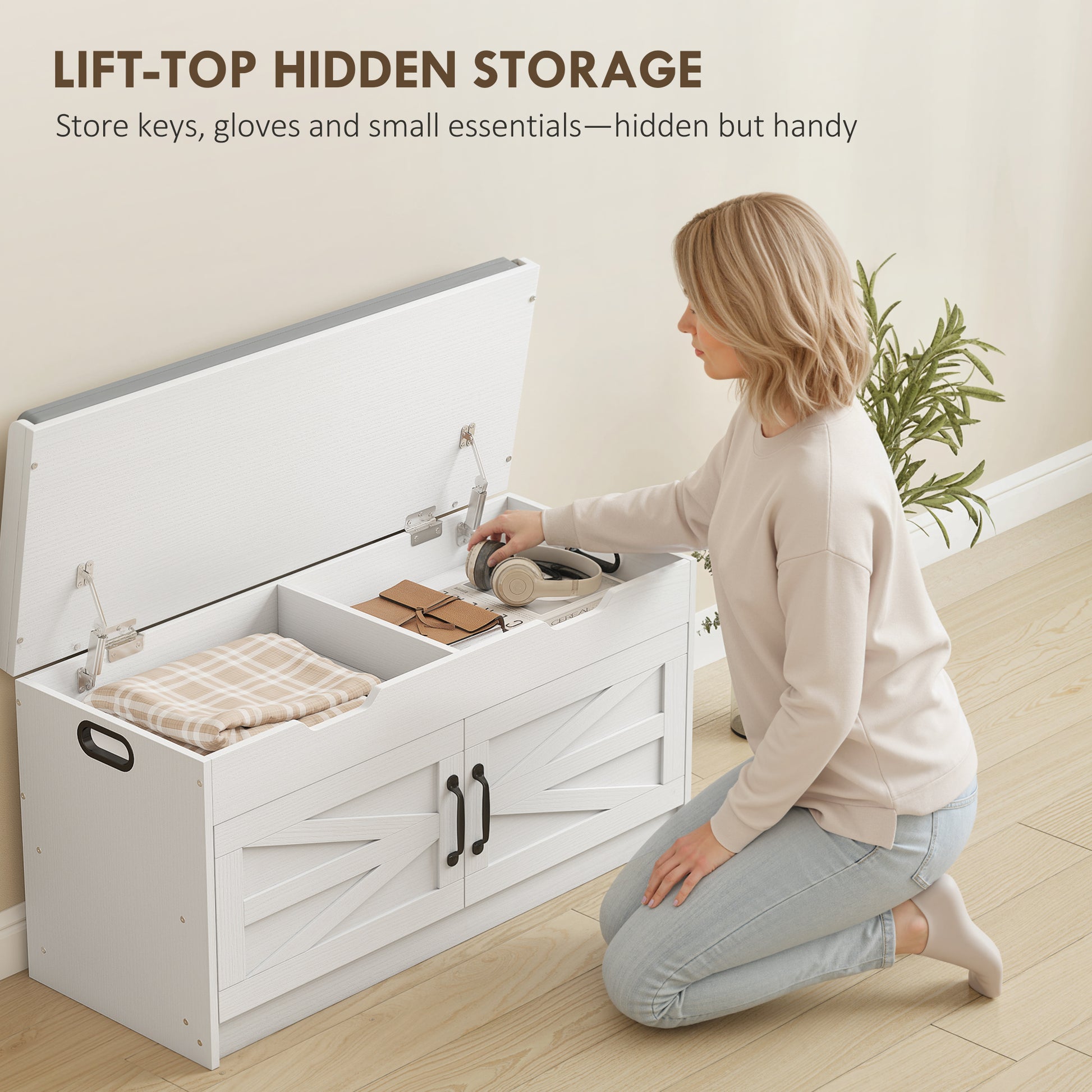 Shoe Storage Bench, Entryway Bench with 2-Tier Cabinet, Flip-Top Storage, Padded Cushion for Hallway, White