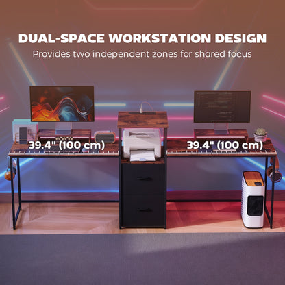96 Inch Gaming Desk, Dual Computer Desk for 2 Person with Power Outlets and Monitor Stands, Rustic Brown
