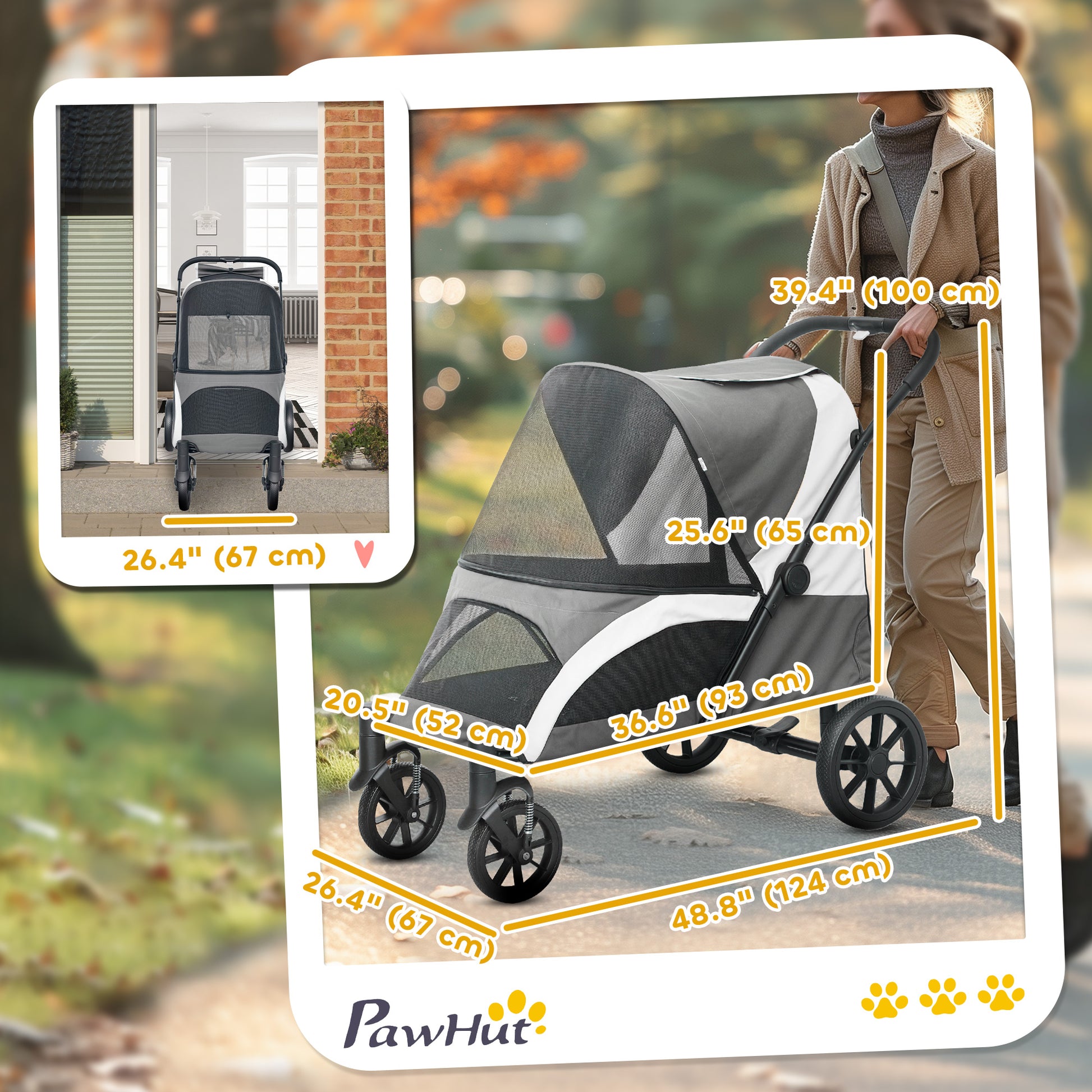 Foldable Pet Stroller for Large Dogs with Four Big Wheels, Shock-Absorbing Frame, Safety Leashes, Brakes, Dark Grey