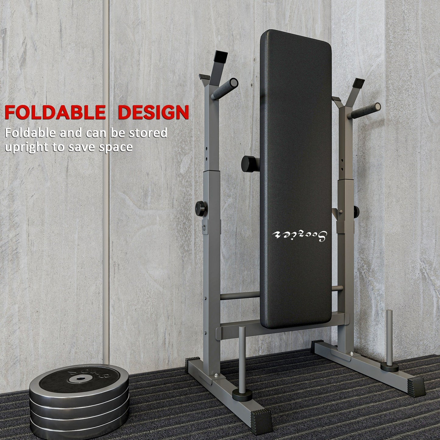 Soozier Adjustable Weight Bench, Foldable Bench Press with Barbell Rack and Dip Station for Home Gym, Strength Training Multiuse Workout Bench, Black and Grey