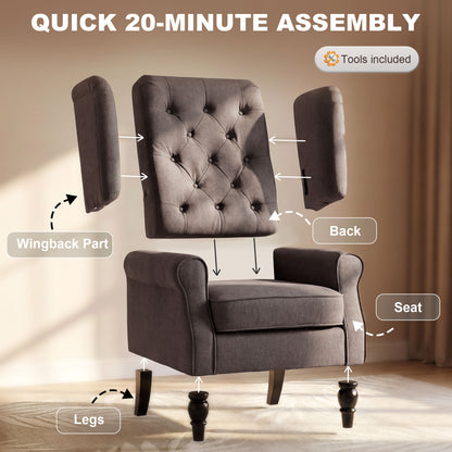 Modern Accent Chairs Button Tufted Armchair, Large Living Room Chair with Wood Legs, Rolled Arms, Thick Padding for Modern Homes, Brown