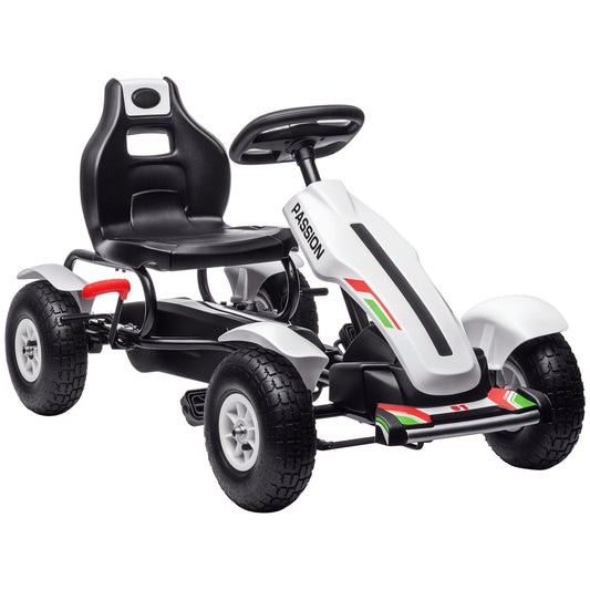 Aosom Pedal Go Kart for Kids, Pedal Car with Adjustable Bucket, Handbrake, 4 Rubber Wheels Powered Ride, White