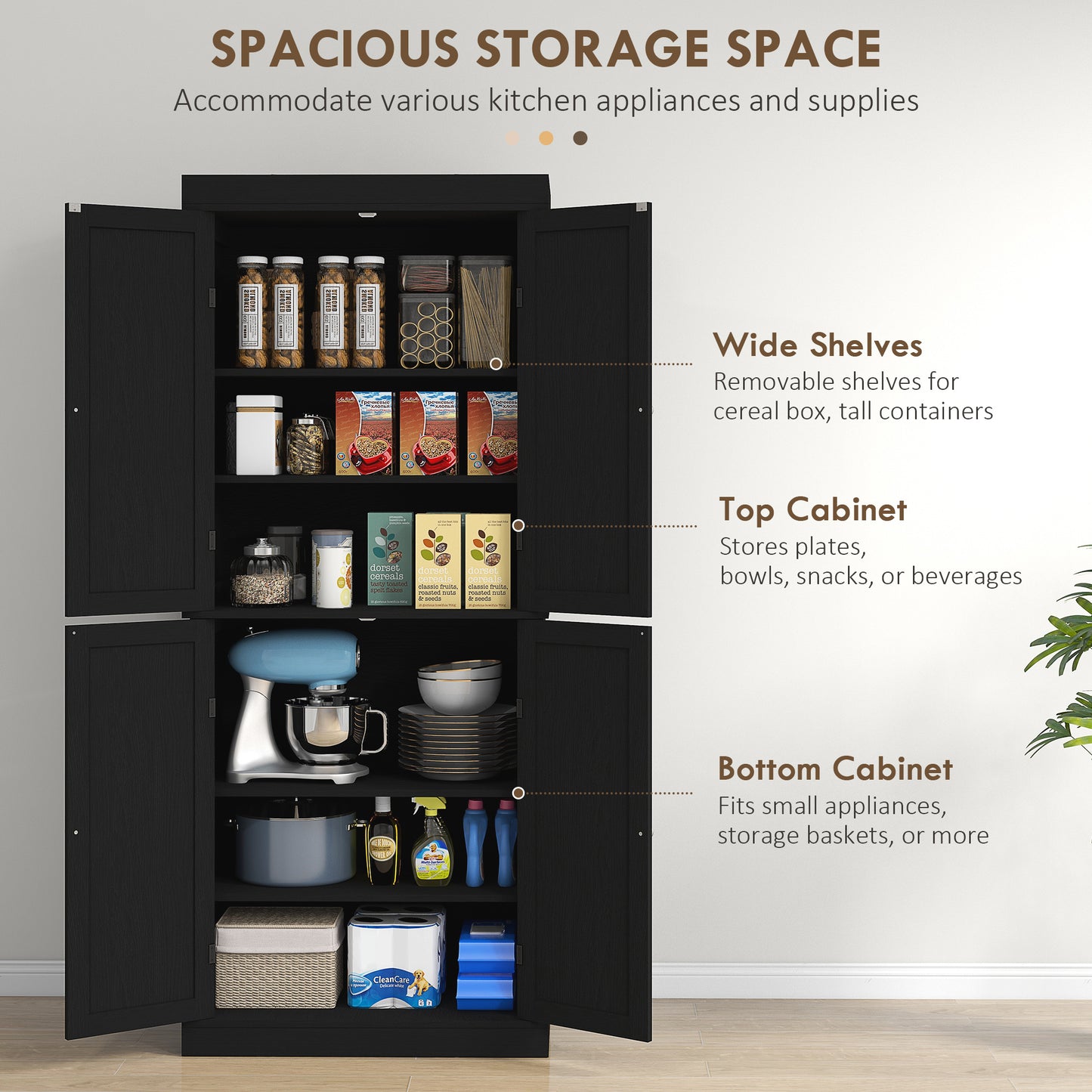 72.5" Freestanding Kitchen Pantry Cabinet with 4 Doors, Black