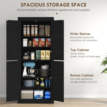 72.5" Freestanding Kitchen Pantry Cabinet with 4 Doors, Black