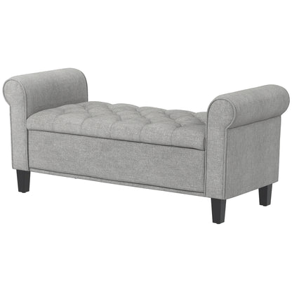 50 Inches Storage Ottoman, Upholstered Bedroom Bench with Rolled Arms and Button Tufted Storage, Light Grey