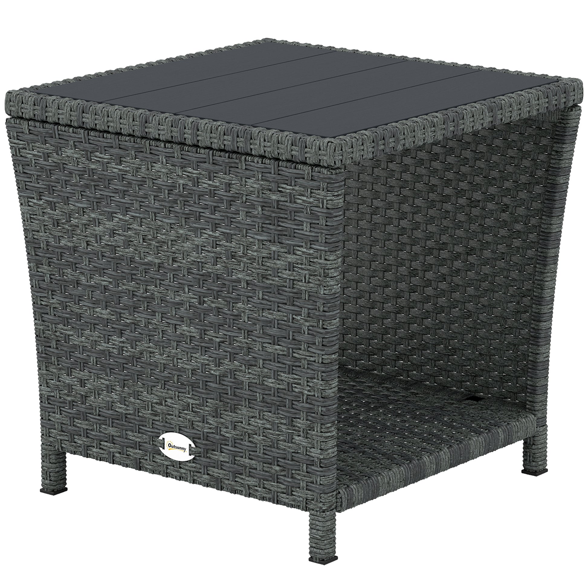 17.7" Wicker Side Table with Storage Shelf, Square PE Rattan Outdoor End Table with PS Wood Slat Top, Grey