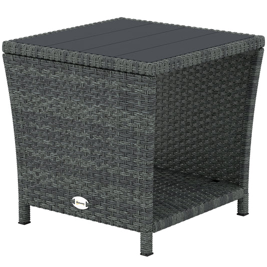 17.7" Wicker Side Table with Storage Shelf, Square PE Rattan Outdoor End Table with PS Wood Slat Top, Grey