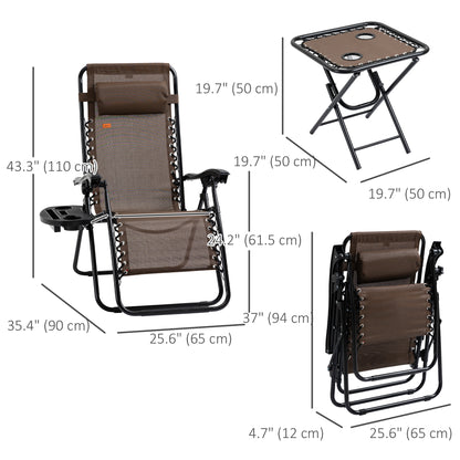 Zero Gravity Chair Set of 2 Patio Chair with Side Table Cupholders and Pillows for Pool, Backyard, Lawn, Beach, Brown