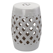 18" Ceramic Garden Stool with Woven Lattice Design, Indoor & Outdoor Decorative Accent Stool, White