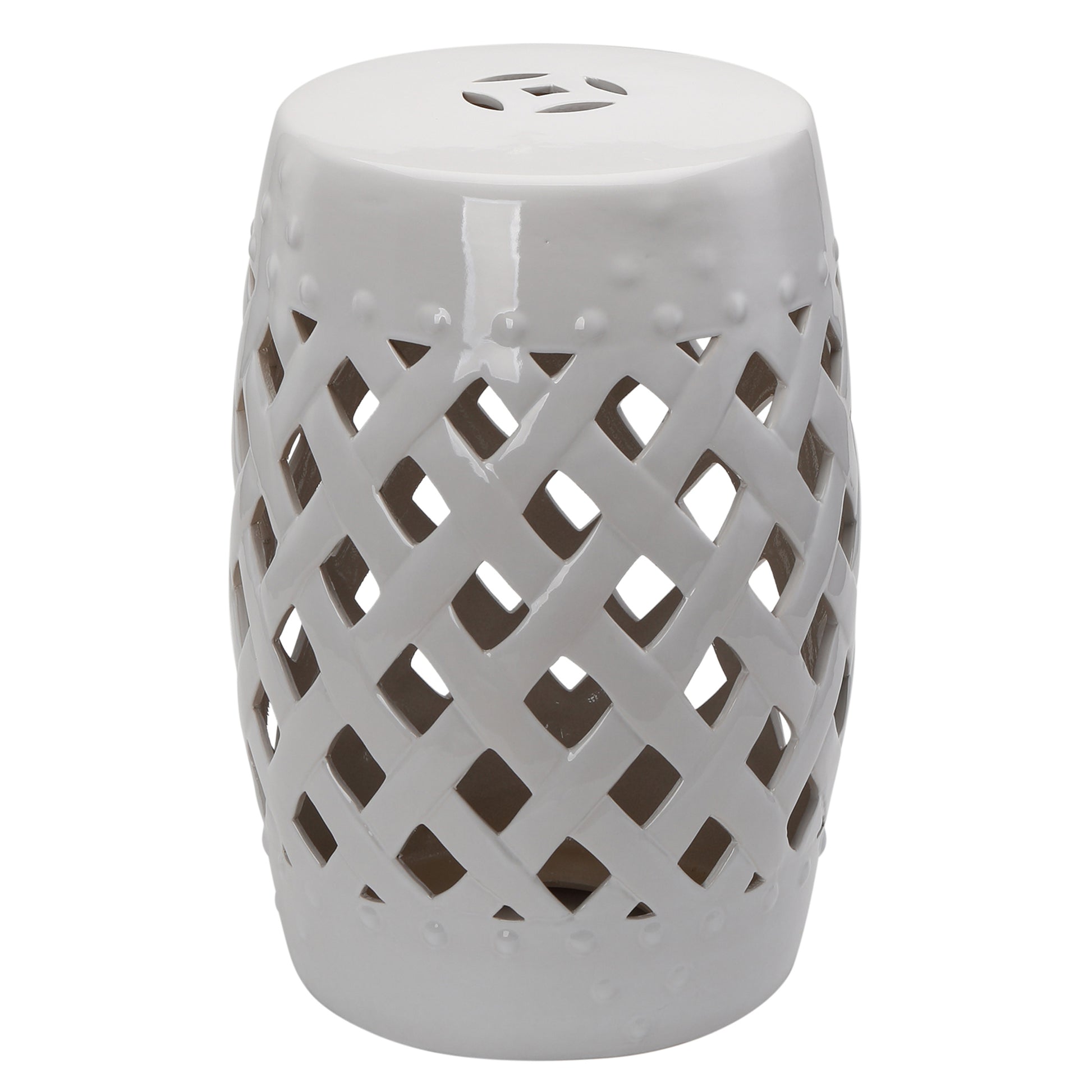 18" Ceramic Garden Stool with Woven Lattice Design, Indoor & Outdoor Decorative Accent Stool, White