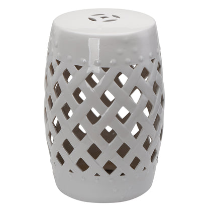18" Ceramic Garden Stool with Woven Lattice Design, Indoor & Outdoor Decorative Accent Stool, White