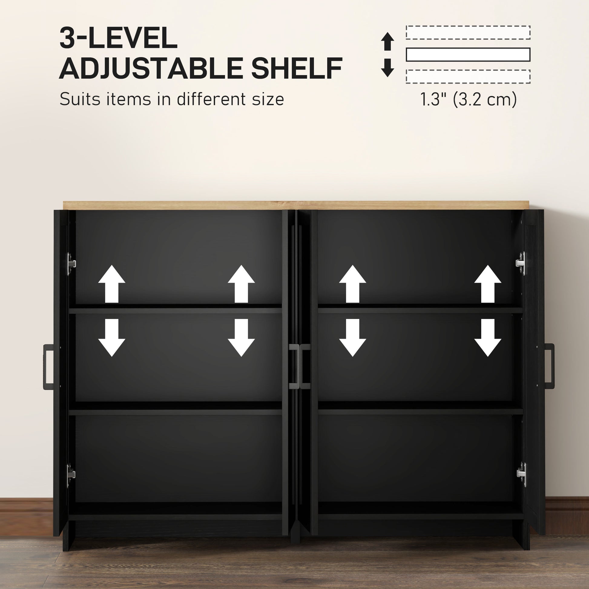Modern Sideboard Buffet Cabinet, Modern Kitchen Storage Cabinet with 4 Doors Adjustable Shelves, for Dining Room, Black