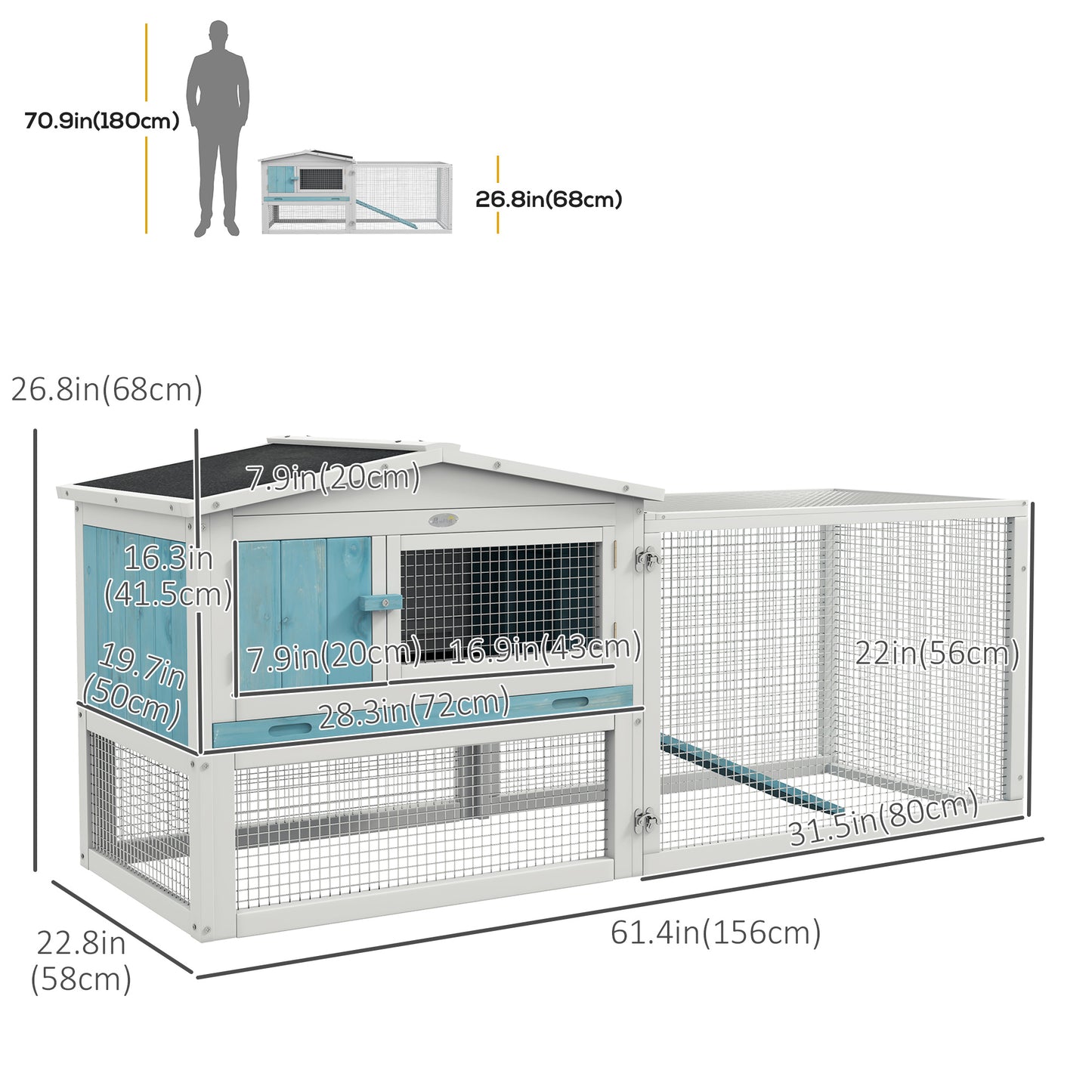 Wooden Rabbit Hutch Guinea Pig House with Removable Tray, Openable Roof, Trough, Run for Tortoises and Ferrets, Blue