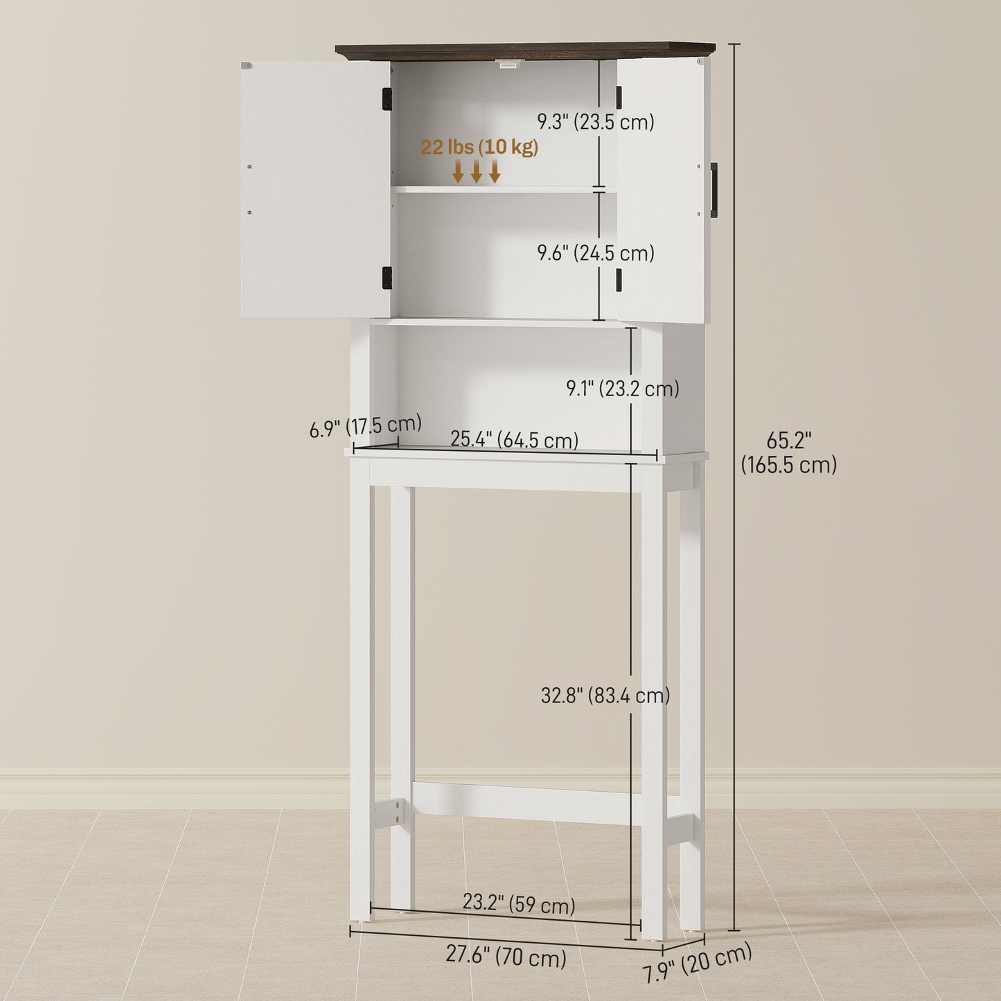 Over The Toilet Storage, Bathroom Cabinet Over Toilet with Open Shelf and Adjustable Bottom Bar, White