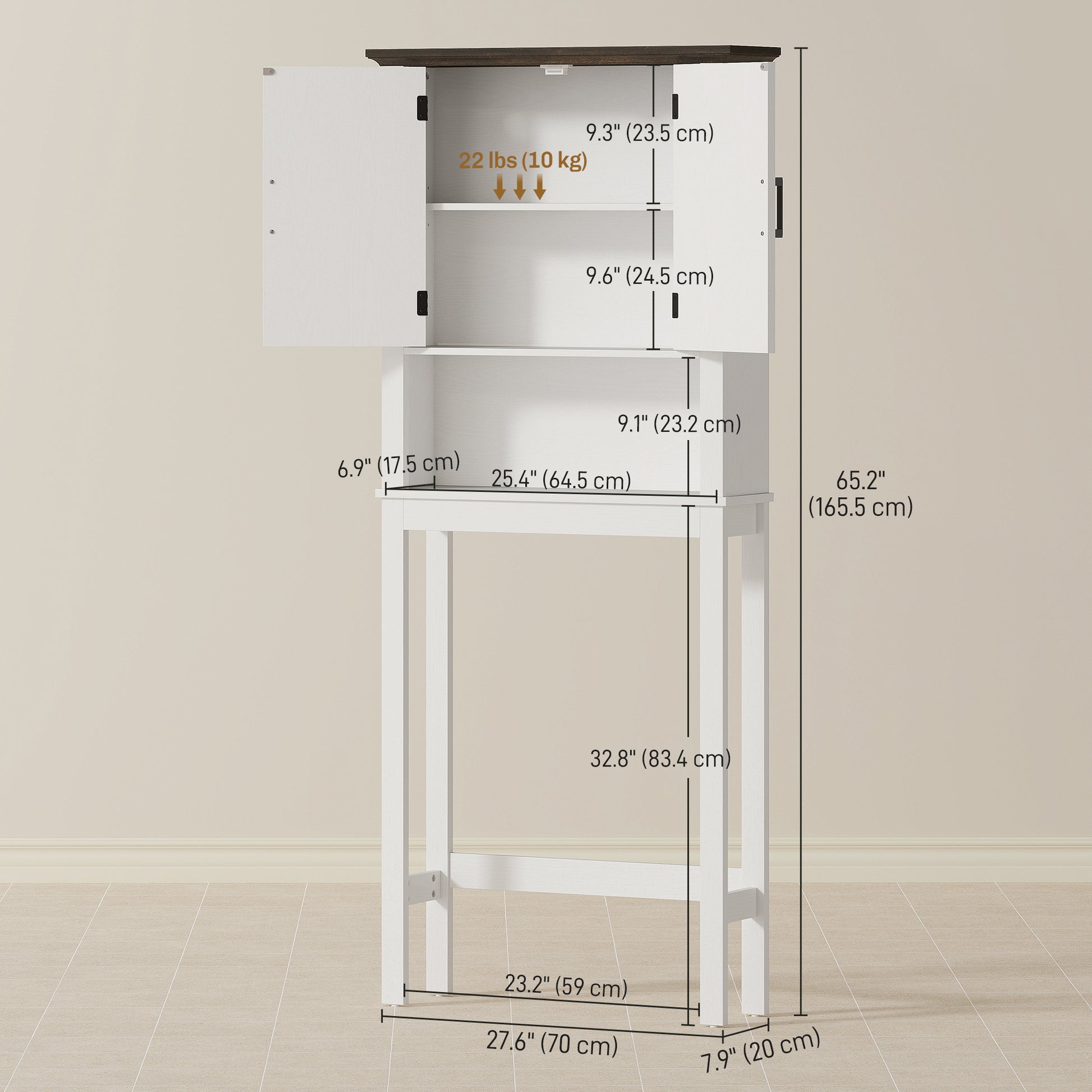 Over The Toilet Storage, Bathroom Cabinet Over Toilet with Open Shelf and Adjustable Bottom Bar, White