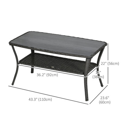 Outdoor Patio PE Rattan Coffee Table with Storage Shelf, Wicker Side Table with Glass Top, Black