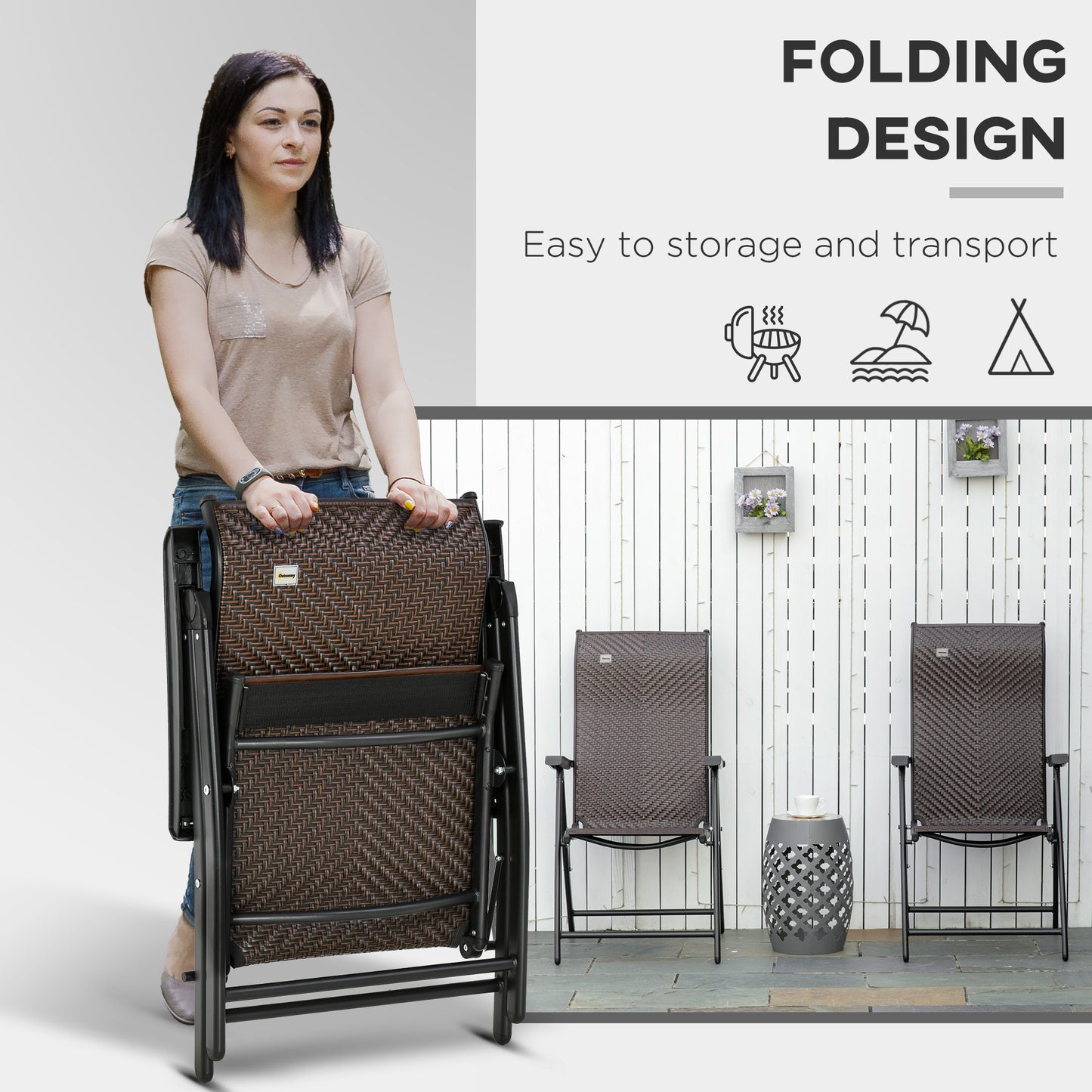 2PCs Outdoor Wicker Folding Chairs with Adjustable Backrest, Brown